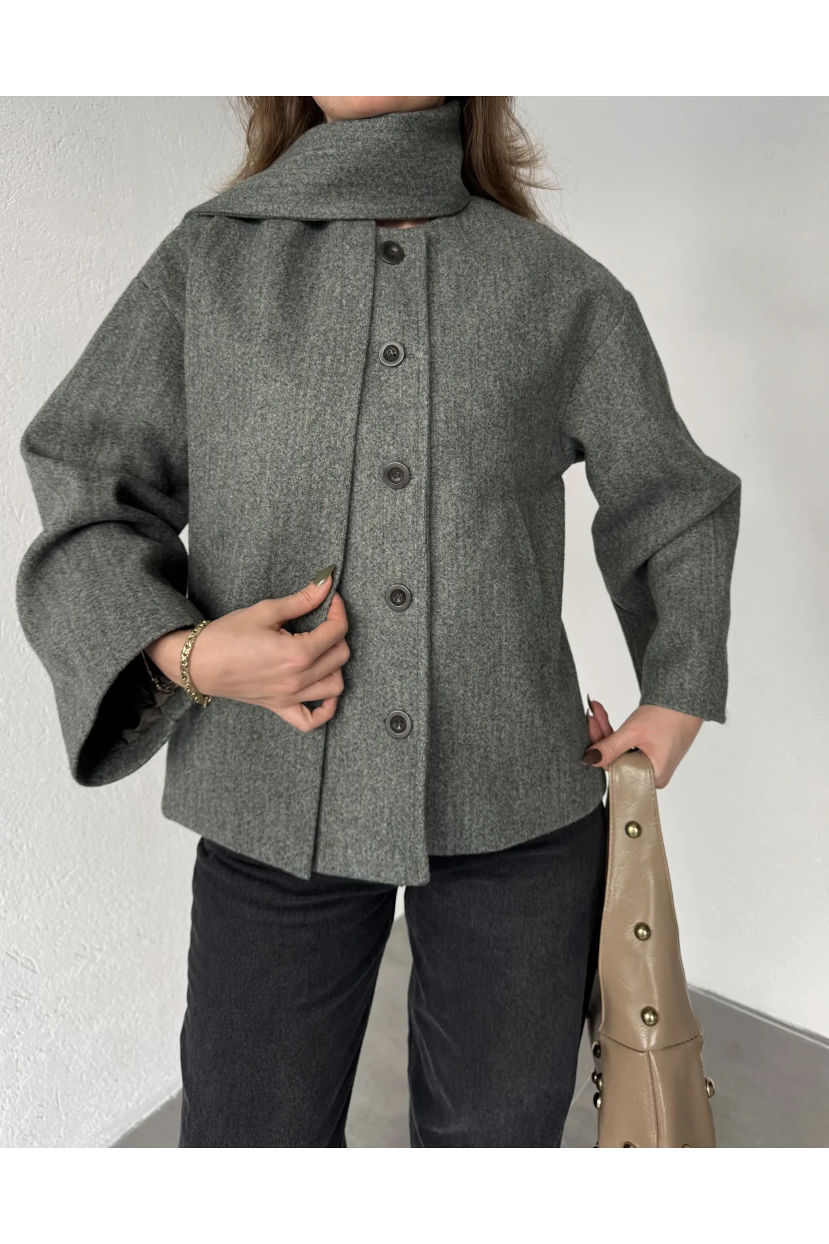 Yeşil Melanj Bisiklet Yaka Şal Aksesurlı Düğmeli Kaşe Ceket Mont