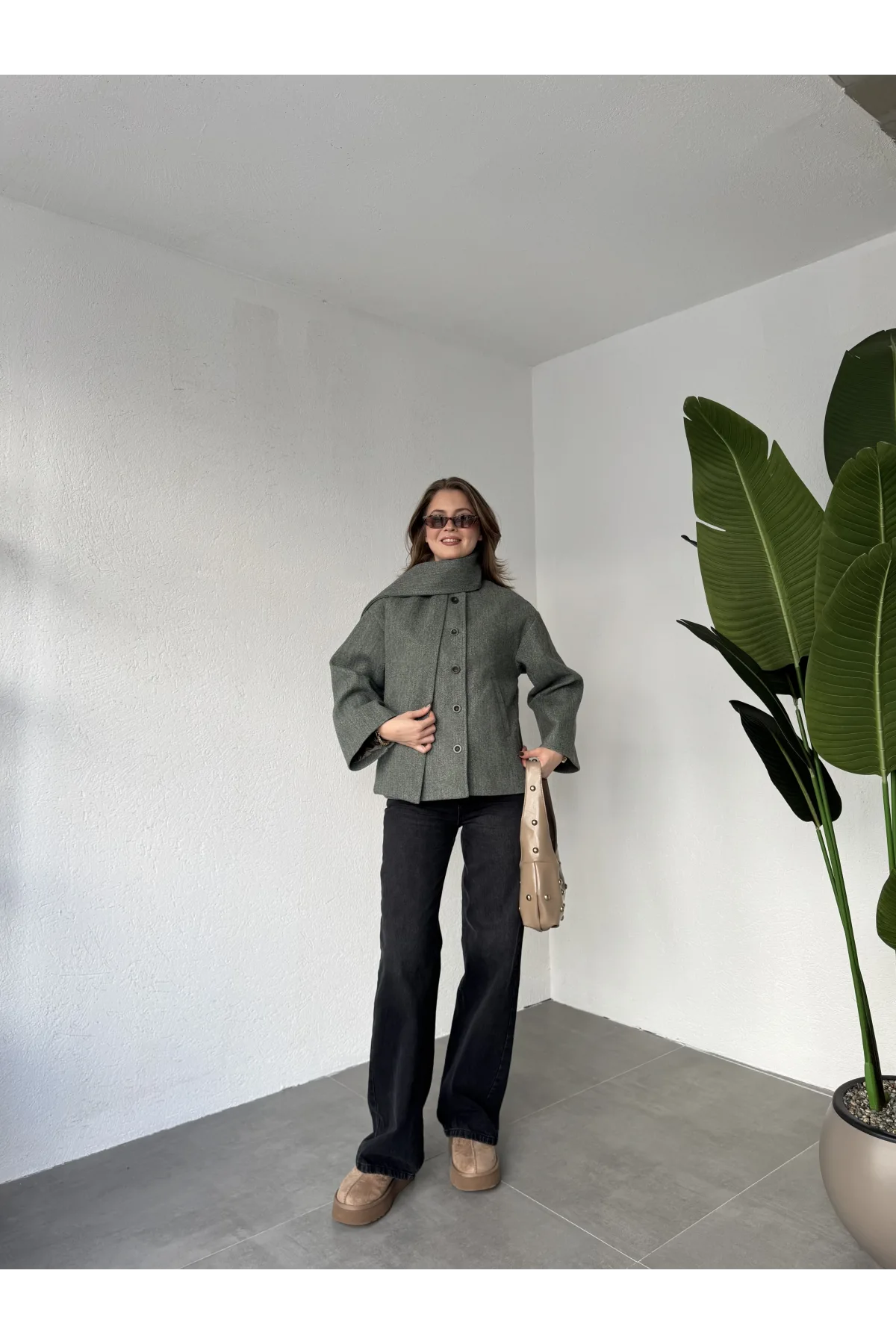 Yeşil Melanj Bisiklet Yaka Şal Aksesurlı Düğmeli Kaşe Ceket Mont