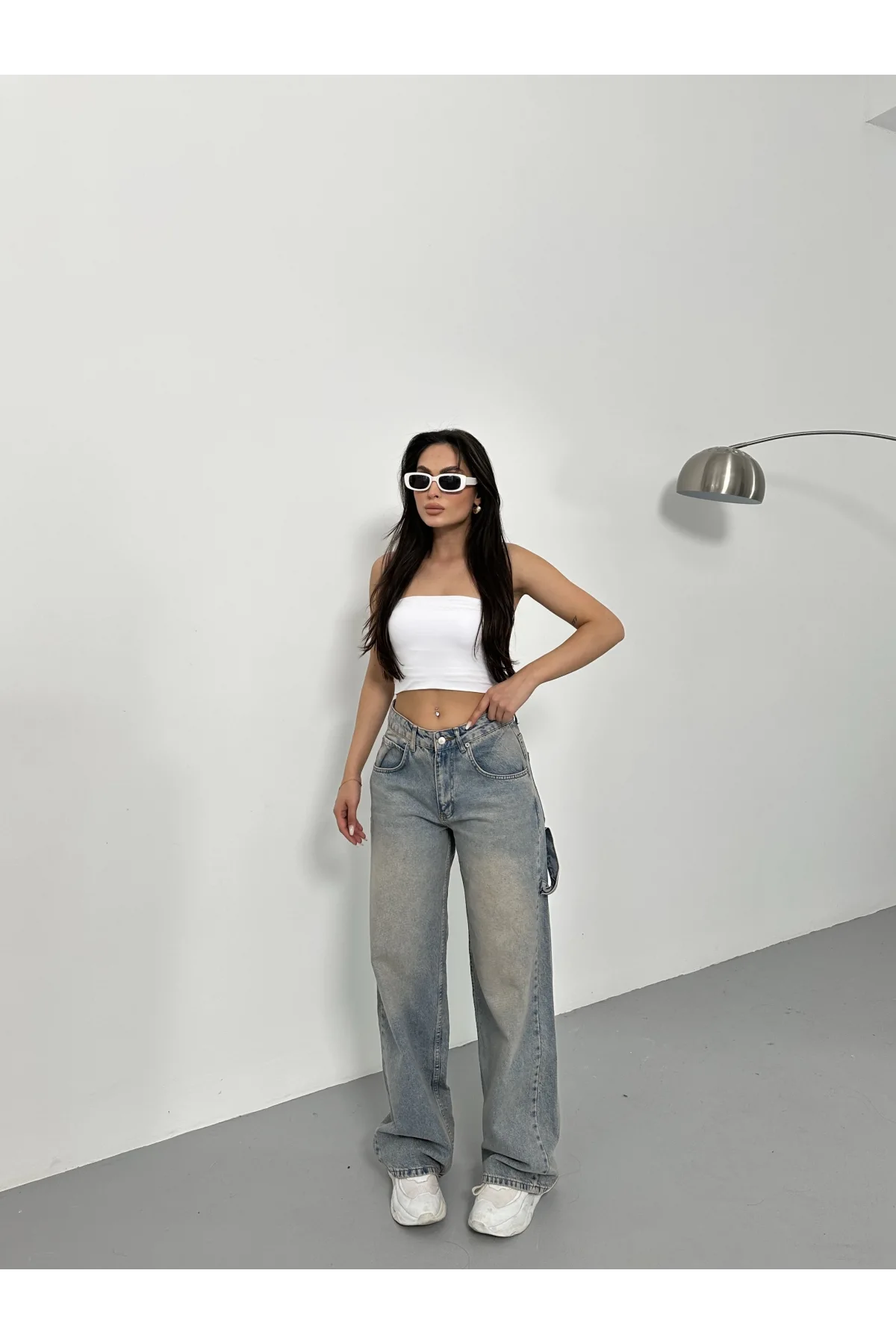 Yeşil Palaska Tokalı Yıkamalı Baggy Geniş Paça Yüksek Bel Oturtmalı Jean Kot Pantolon