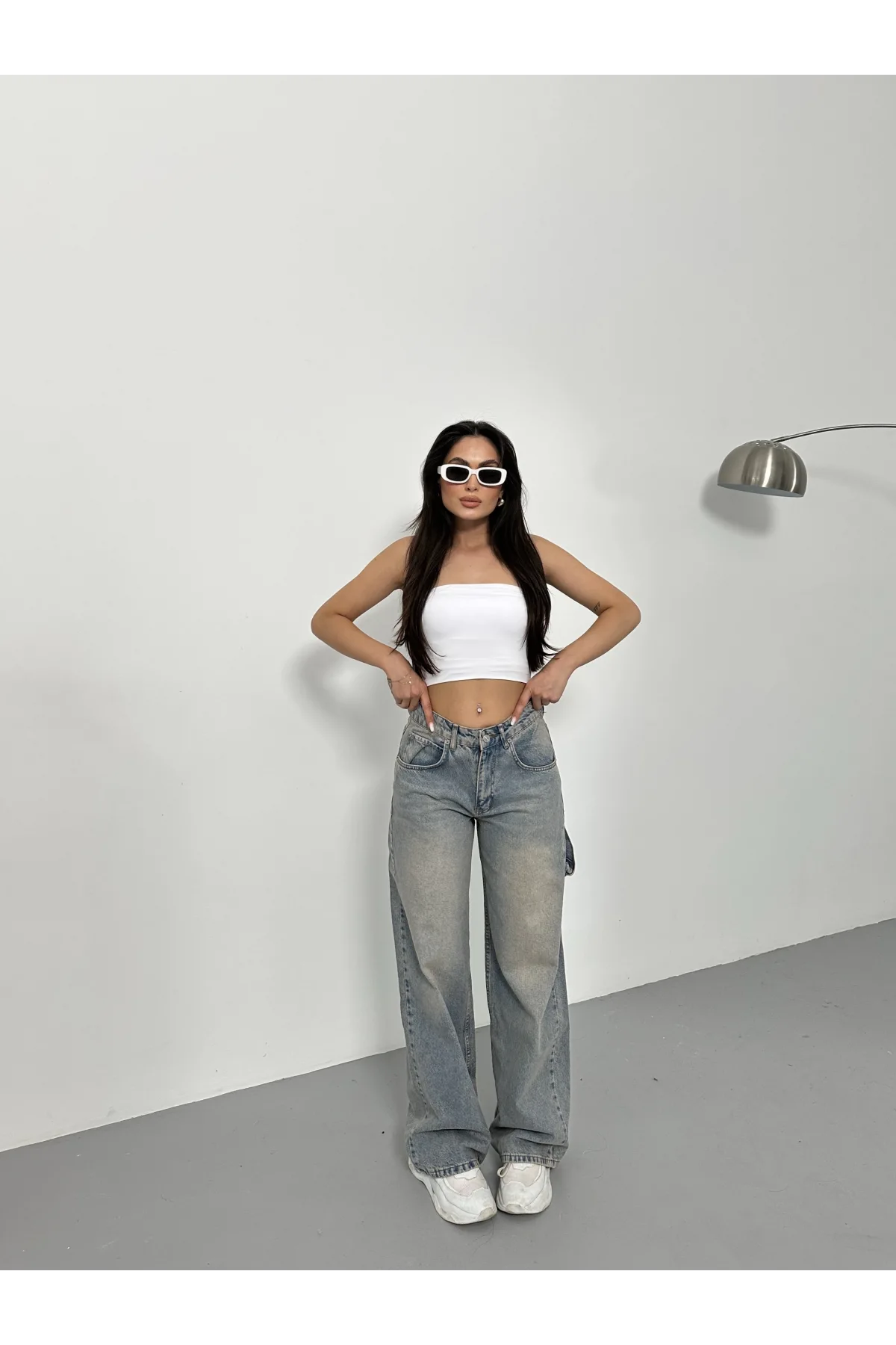 Yeşil Palaska Tokalı Yıkamalı Baggy Geniş Paça Yüksek Bel Oturtmalı Jean Kot Pantolon