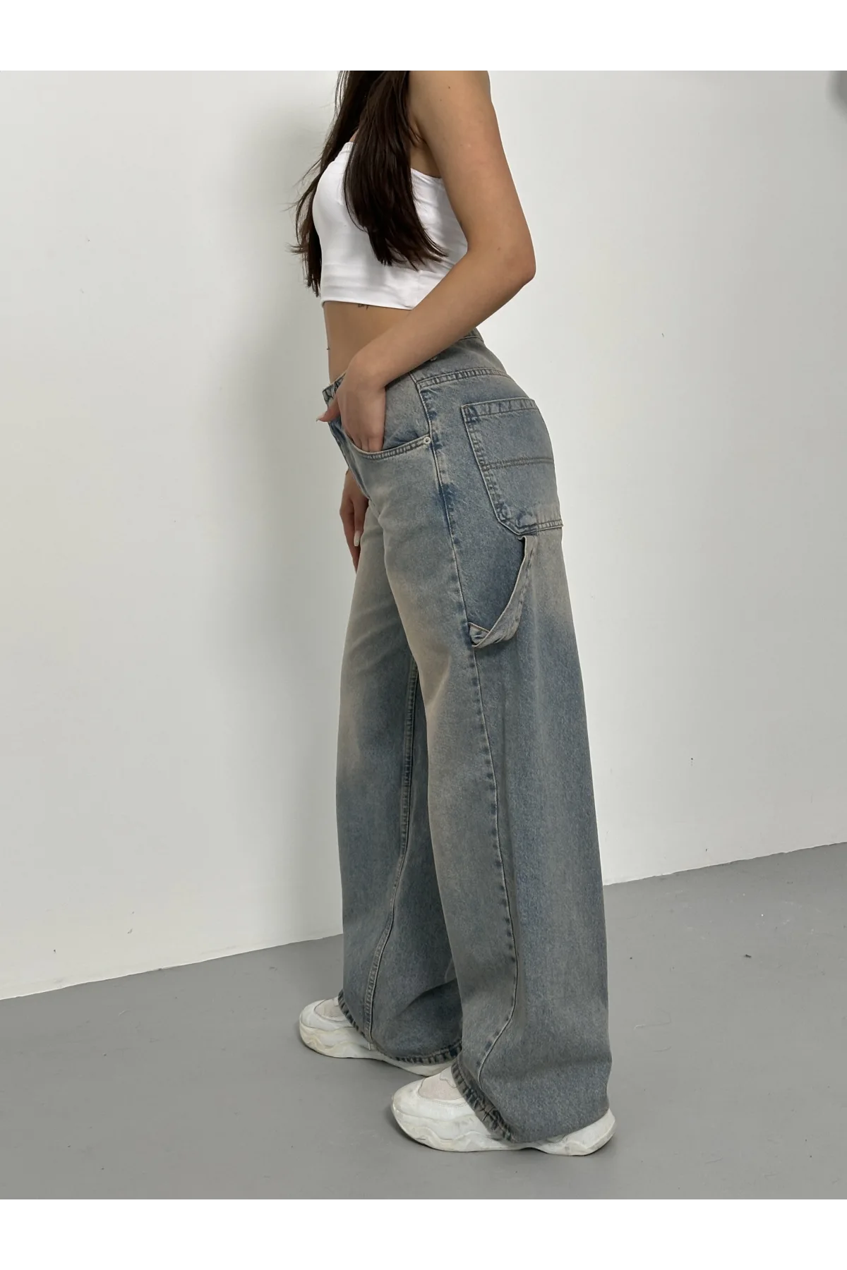 Yeşil Palaska Tokalı Yıkamalı Baggy Geniş Paça Yüksek Bel Oturtmalı Jean Kot Pantolon