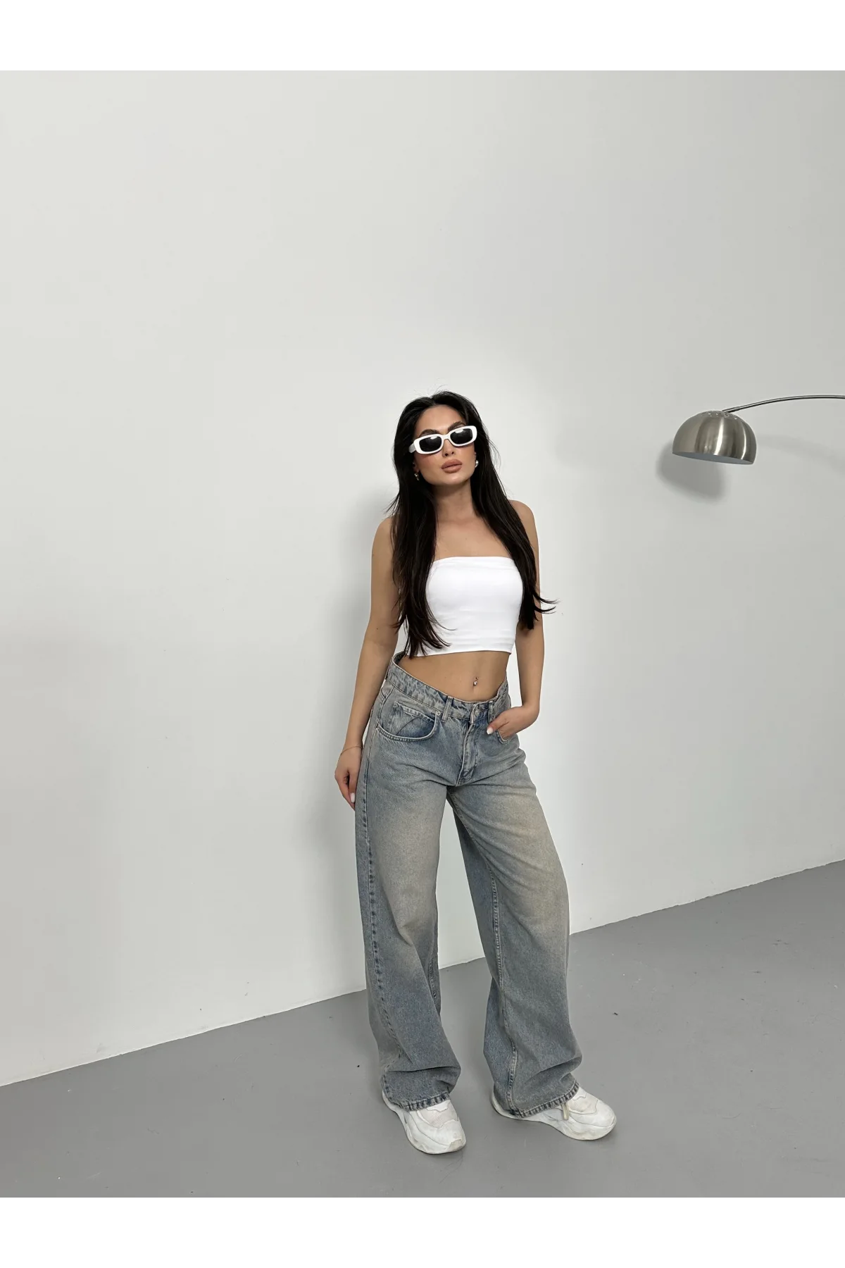 Yeşil Palaska Tokalı Yıkamalı Baggy Geniş Paça Yüksek Bel Oturtmalı Jean Kot Pantolon