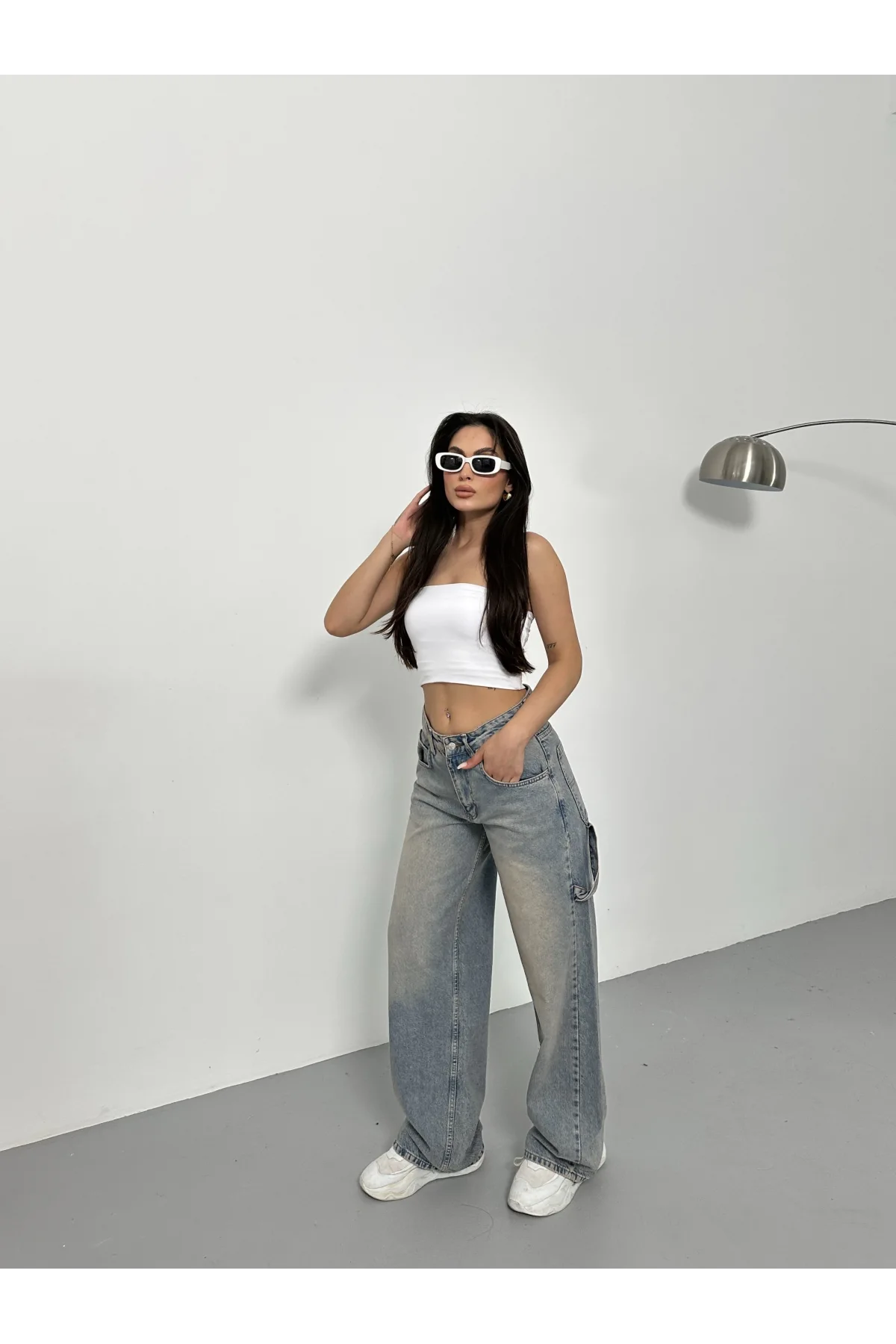 Yeşil Palaska Tokalı Yıkamalı Baggy Geniş Paça Yüksek Bel Oturtmalı Jean Kot Pantolon