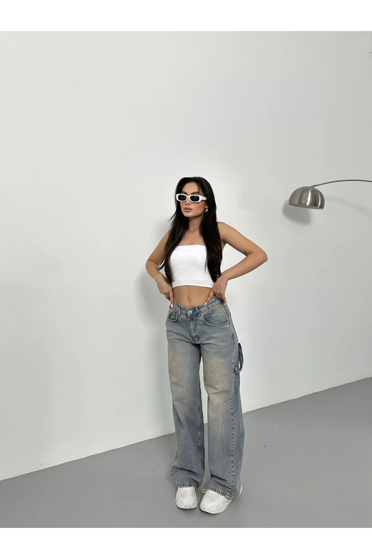 Yeşil Palaska Tokalı Yıkamalı Baggy Geniş Paça Yüksek Bel Oturtmalı Jean Kot Pantolon