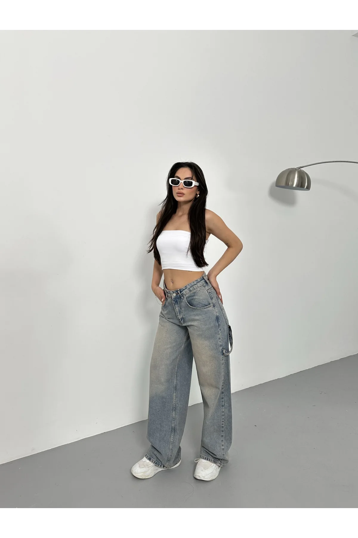 Yeşil Palaska Tokalı Yıkamalı Baggy Geniş Paça Yüksek Bel Oturtmalı Jean Kot Pantolon