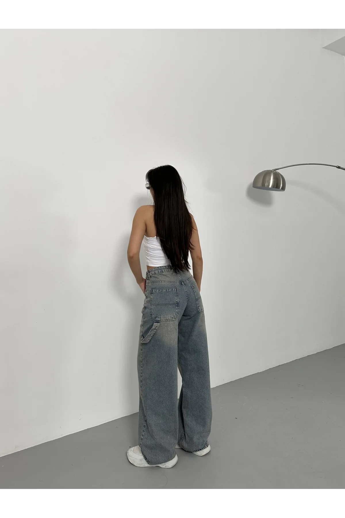 Yeşil Palaska Tokalı Yıkamalı Baggy Geniş Paça Yüksek Bel Oturtmalı Jean Kot Pantolon