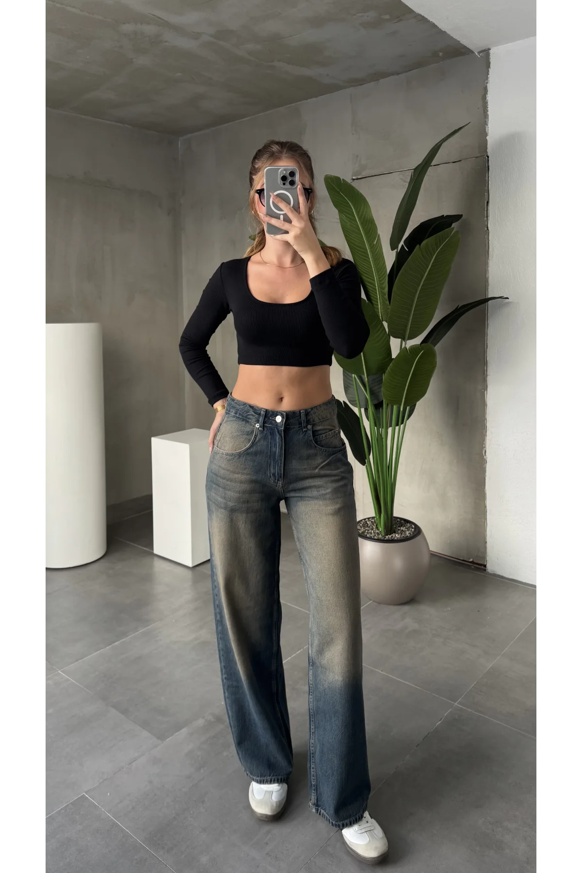 Yeşil Yıkamalı Süper Baggy Ektra Geniş Paça Yüksek Bel Jean Kot Pantolon