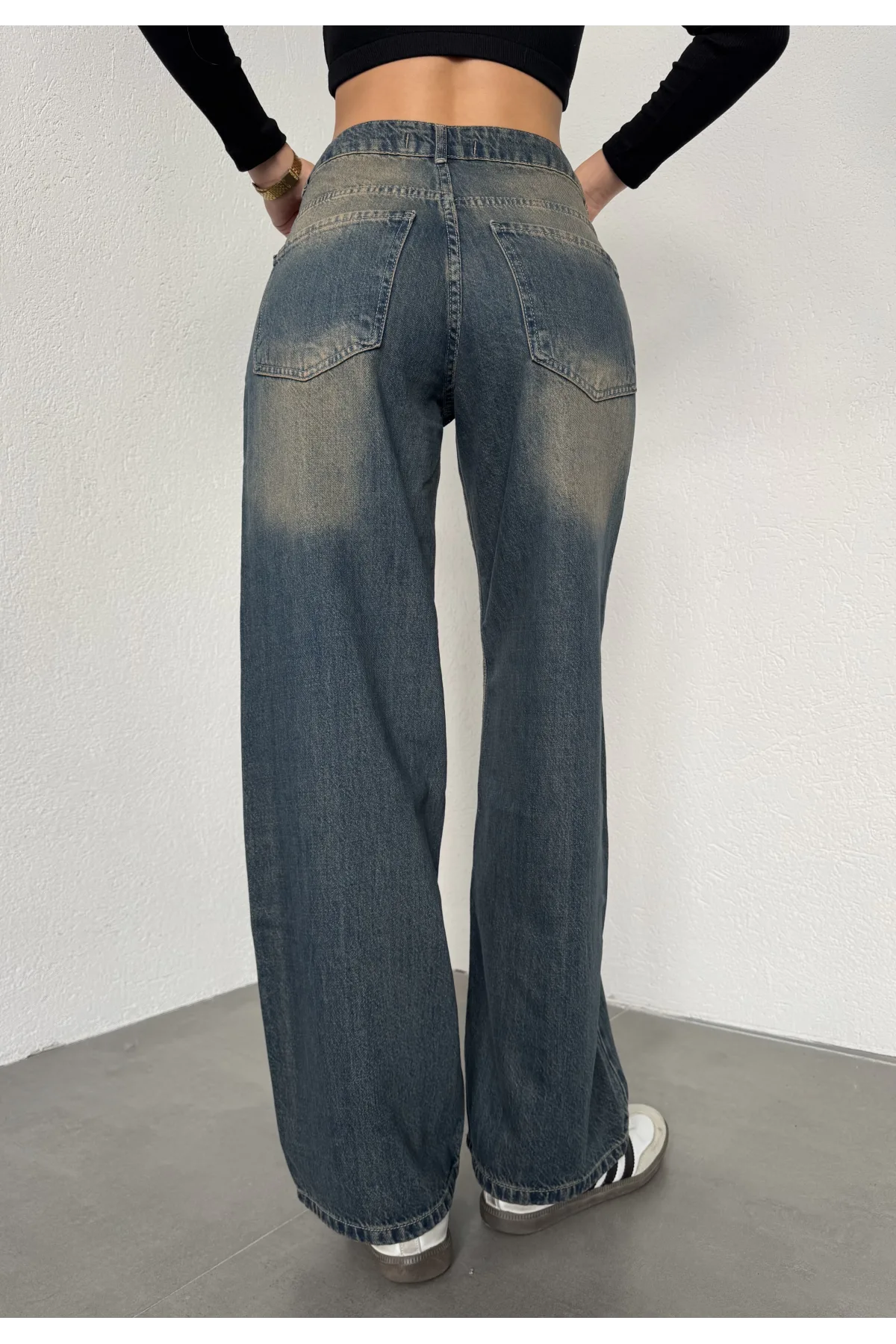 Yeşil Yıkamalı Süper Baggy Ektra Geniş Paça Yüksek Bel Jean Kot Pantolon