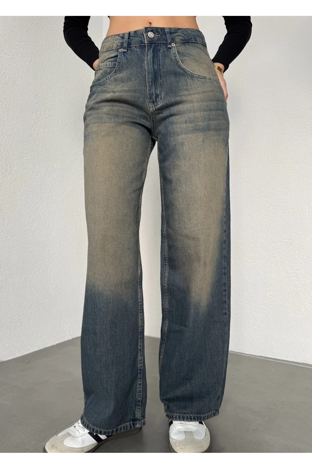 Yeşil Yıkamalı Süper Baggy Ektra Geniş Paça Yüksek Bel Jean Kot Pantolon