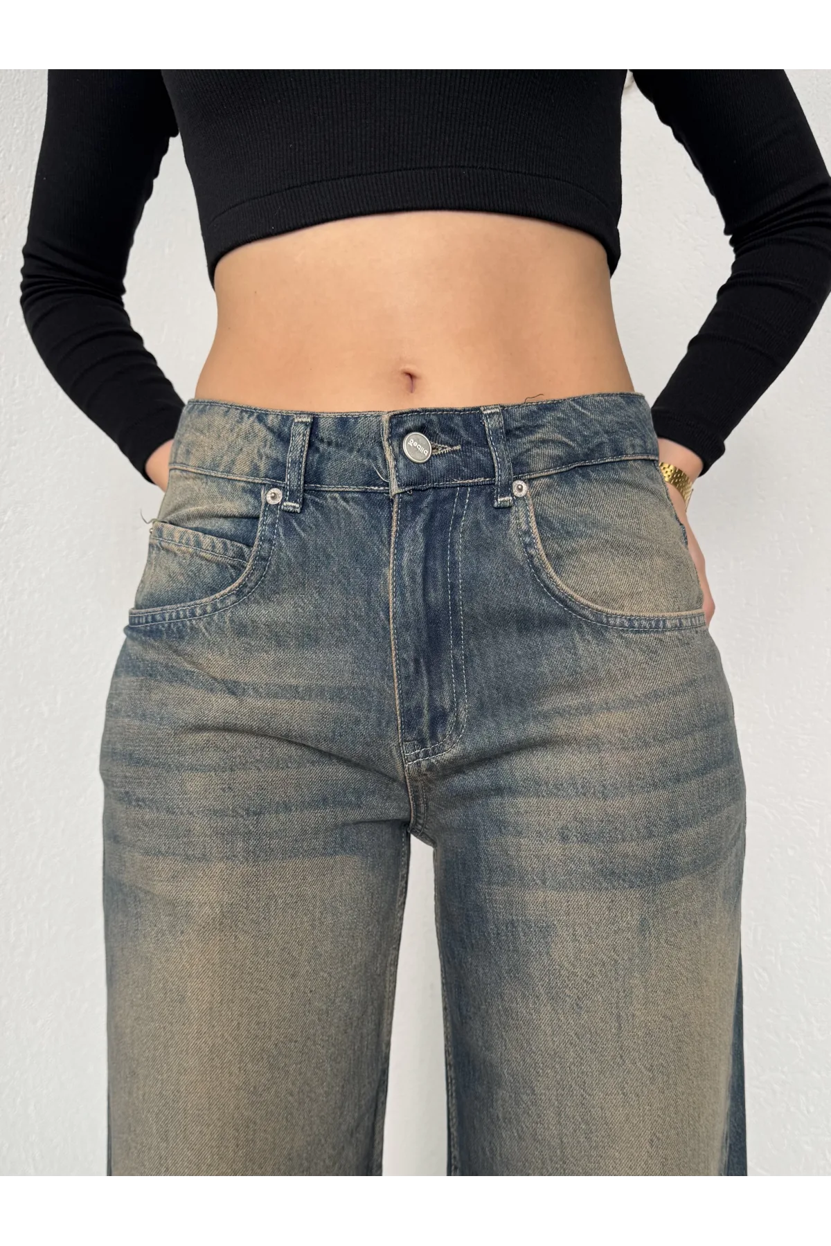 Yeşil Yıkamalı Süper Baggy Ektra Geniş Paça Yüksek Bel Jean Kot Pantolon