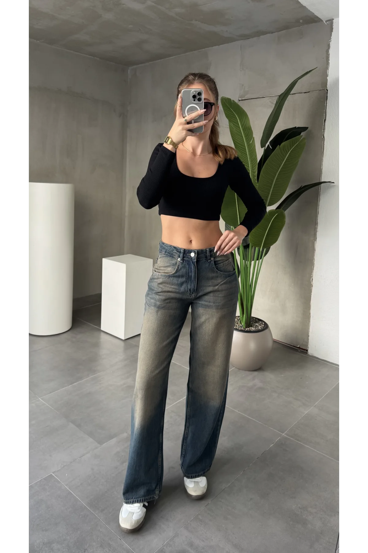 Yeşil Yıkamalı Süper Baggy Ektra Geniş Paça Yüksek Bel Jean Kot Pantolon