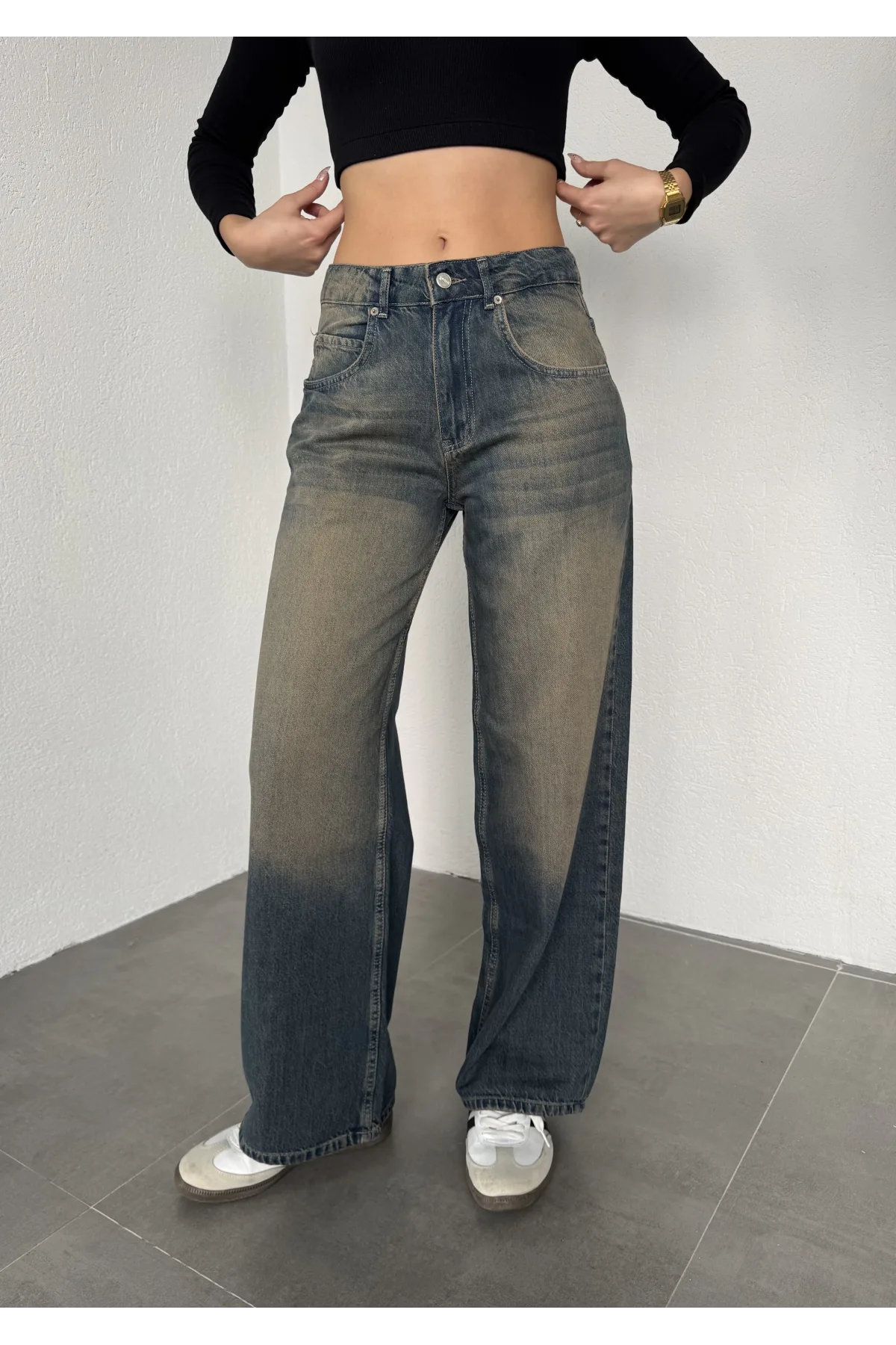 Yeşil Yıkamalı Süper Baggy Ektra Geniş Paça Yüksek Bel Jean Kot Pantolon