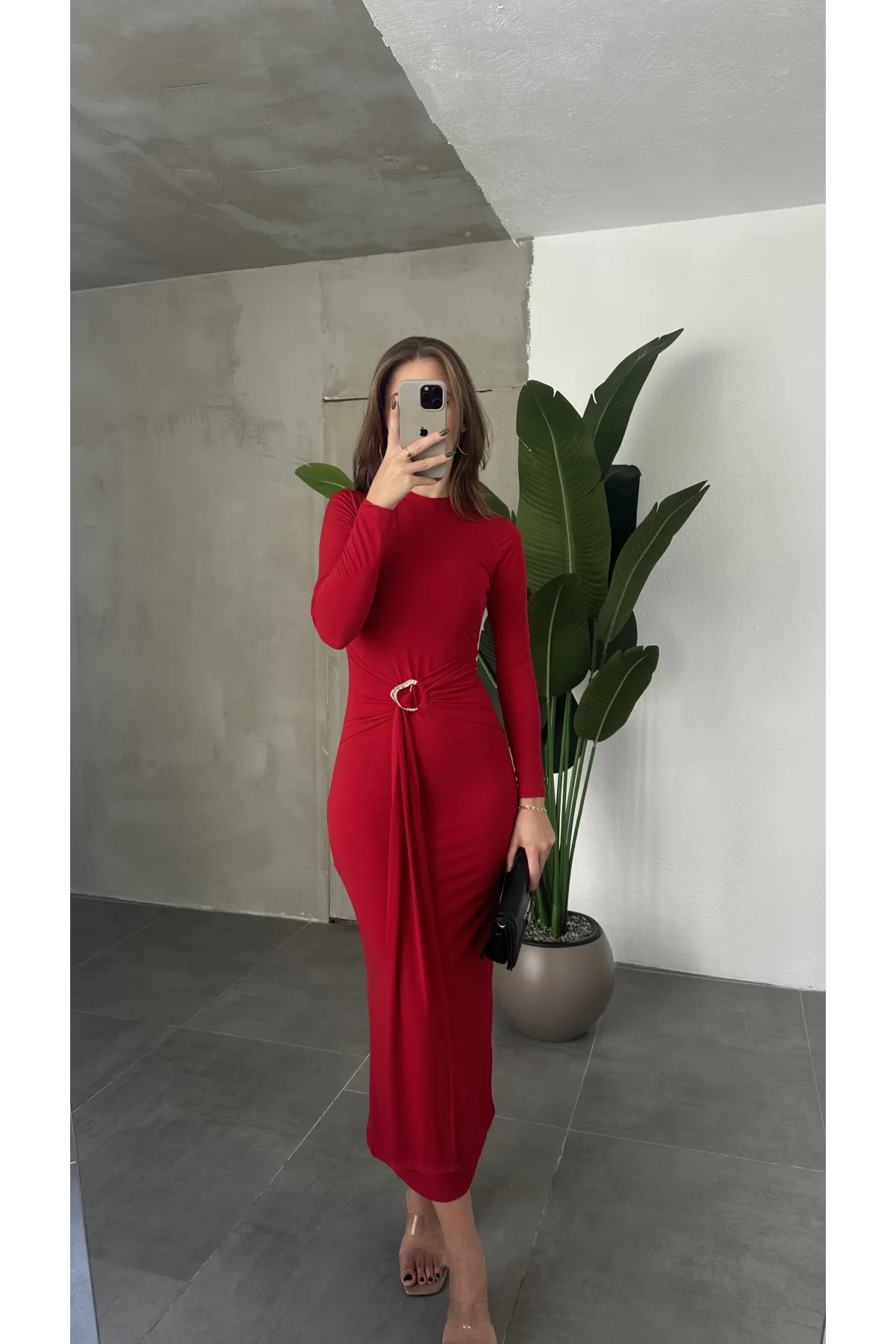 Kırmızı Zr Model Bisiklet Yaka Aksesuarlı Kuşaklı Midi Boy Candy Elbise