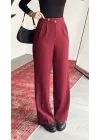 Kadın Bordo Yüksek Bel Pileli Bol Paça Beli Lastikli Kore Model Kumaş Pantolon