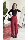 Kadın Bordo Yüksek Bel Pileli Bol Paça Beli Lastikli Kore Model Kumaş Pantolon