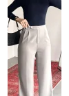 Kadın Gri Yüksek Bel Pileli Bol Paça Beli Lastikli Kore Model Kumaş Pantolon