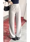 Kadın Gri Yüksek Bel Pileli Bol Paça Beli Lastikli Kore Model Kumaş Pantolon
