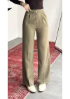 Kadın Haki Yüksek Bel Pileli Bol Paça Beli Lastikli Kore Model Kumaş Pantolon
