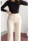 Kadın Krem Yüksek Bel Pileli Bol Paça Beli Lastikli Kore Model Kumaş Pantolon