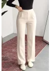 Kadın Krem Yüksek Bel Pileli Bol Paça Beli Lastikli Kore Model Kumaş Pantolon