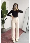 Kadın Krem Yüksek Bel Pileli Bol Paça Beli Lastikli Kore Model Kumaş Pantolon