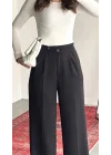Kadın Siyah Yüksek Bel Pileli Bol Paça Beli Lastikli Kore Model Kumaş Pantolon