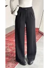 Kadın Siyah Yüksek Bel Pileli Bol Paça Beli Lastikli Kore Model Kumaş Pantolon