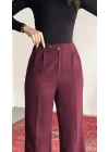 Kadın Vişne Yüksek Bel Pileli Bol Paça Beli Lastikli Kore Model Kumaş Pantolon