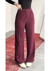 Kadın Vişne Yüksek Bel Pileli Bol Paça Beli Lastikli Kore Model Kumaş Pantolon