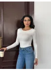 Kadın Açık Yaka Uzun Kollu Basic Body Bluz Beyaz
