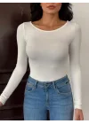 Kadın Açık Yaka Uzun Kollu Basic Body Bluz Beyaz