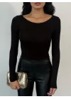 Kadın Açık Yaka Uzun Kollu Basic Body Bluz Siyah