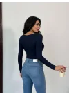 Kadın Açık Yaka Uzun Kollu Basic Body Bluz Lacivert
