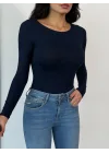 Kadın Açık Yaka Uzun Kollu Basic Body Bluz Lacivert