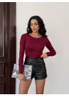 Kadın Açık Yaka Uzun Kollu Basic Body Bluz Bordo