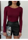 Kadın Açık Yaka Uzun Kollu Basic Body Bluz Bordo