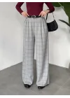 Kadın Gri Ekoseli Kareli Yüksek Bel Bol Paça Palazzo Kumaş Pantolon