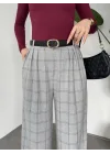 Kadın Gri Ekoseli Kareli Yüksek Bel Bol Paça Palazzo Kumaş Pantolon