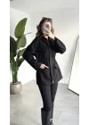 Kadın Siyah Kaşe Ceket Kaban Oversize Kısa Mont Beli Büzgülü Düğmeli Cepli Kışlık