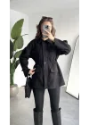 Kadın Siyah Kaşe Ceket Kaban Oversize Kısa Mont Beli Büzgülü Düğmeli Cepli Kışlık