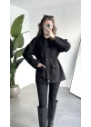 Kadın Siyah Kaşe Ceket Kaban Oversize Kısa Mont Beli Büzgülü Düğmeli Cepli Kışlık