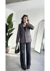 Kadın Antrasit Oversize Blazer Ceket Tek Düğmeli Klasik Ofis Ceketi Şık Günlük Kumaş Ceket