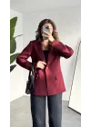 Kadın Bordo Oversize Blazer Ceket Tek Düğmeli Klasik Ofis Ceketi Şık Günlük Kumaş Ceket