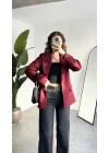 Kadın Bordo Oversize Blazer Ceket Tek Düğmeli Klasik Ofis Ceketi Şık Günlük Kumaş Ceket
