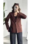 Kadın Kahverengi Oversize Blazer Ceket Tek Düğmeli Klasik Ofis Ceketi Şık Günlük Kumaş Ceket