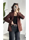 Kadın Kahverengi Oversize Blazer Ceket Tek Düğmeli Klasik Ofis Ceketi Şık Günlük Kumaş Ceket