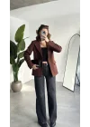 Kadın Kahverengi Oversize Blazer Ceket Tek Düğmeli Klasik Ofis Ceketi Şık Günlük Kumaş Ceket
