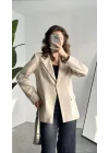 Kadın Krem Oversize Blazer Ceket Tek Düğmeli Klasik Ofis Ceketi Şık Günlük Kumaş Ceket
