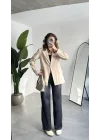 Kadın Krem Oversize Blazer Ceket Tek Düğmeli Klasik Ofis Ceketi Şık Günlük Kumaş Ceket