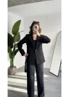 Kadın Siyah Oversize Blazer Ceket Tek Düğmeli Klasik Ofis Ceketi Şık Günlük Kumaş Ceket